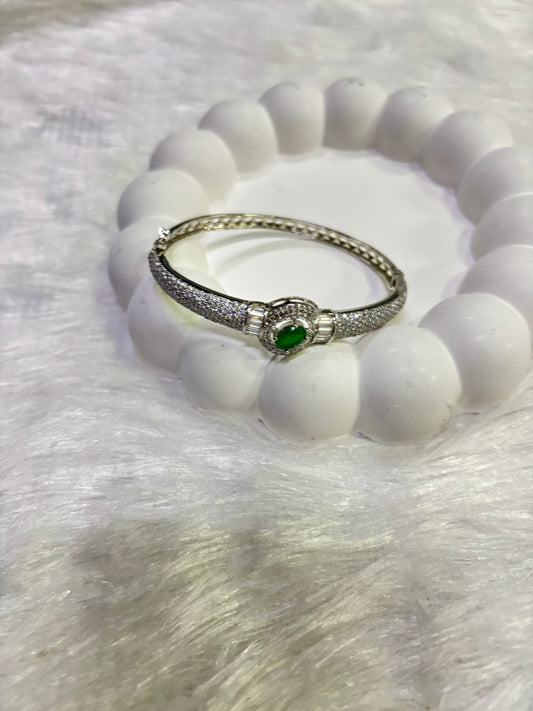 Silver Plated Emerald Green Stone Bangle with CZ Detailing