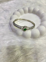 Silver Plated Emerald Green Stone Bangle with CZ Detailing
