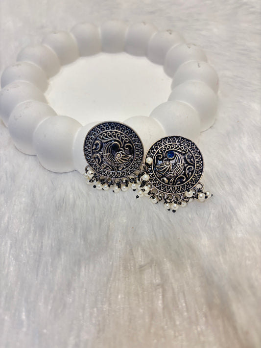 Oxidized Circle Moon Design Studs