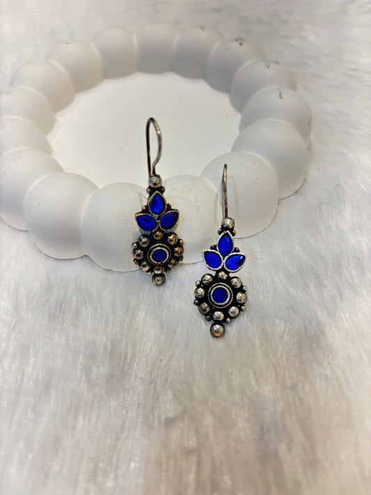 Oxidized Blue Stone Small Dangling Earrings