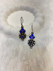 Oxidized Blue Stone Small Dangling Earrings