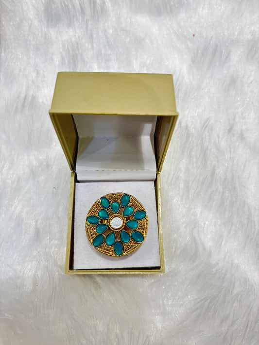 Golden & Sea Green Flower Ring – Elegant Ethnic Jewelry for Women