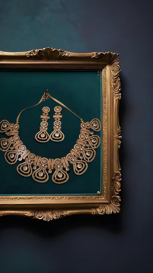 Clear Stone Rose Gold Plated Haar Set – Elegant Bridal & Party Wear Long Necklace