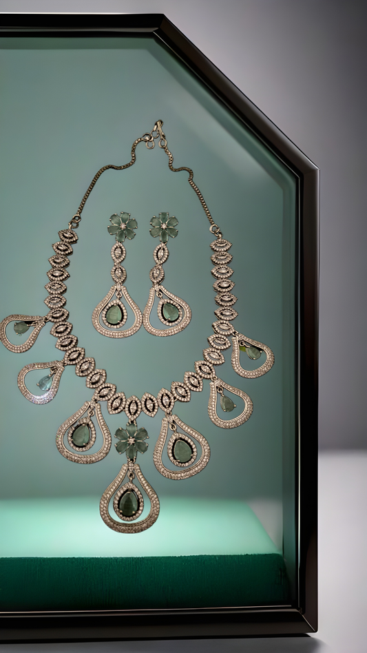 Teal Tear Drop AD Silver Plated Necklace Set – Elegant American Diamond Jewelry for Women