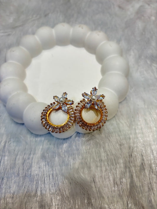Floral Halo Stud Earrings with CZ Stones & Pearl Center