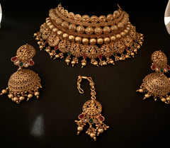 Gold Necklace Drop Earring and Tikka Bridal Set