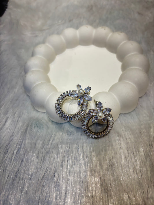 Floral Halo Stud Earrings with CZ Stones & Pearl Center