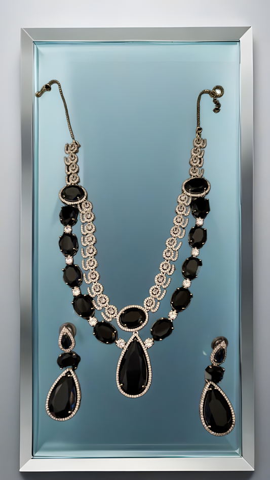Blue Stone Oval with Tear Drop AD Necklace Set – Elegant Silver Plated American Diamond Jewelry