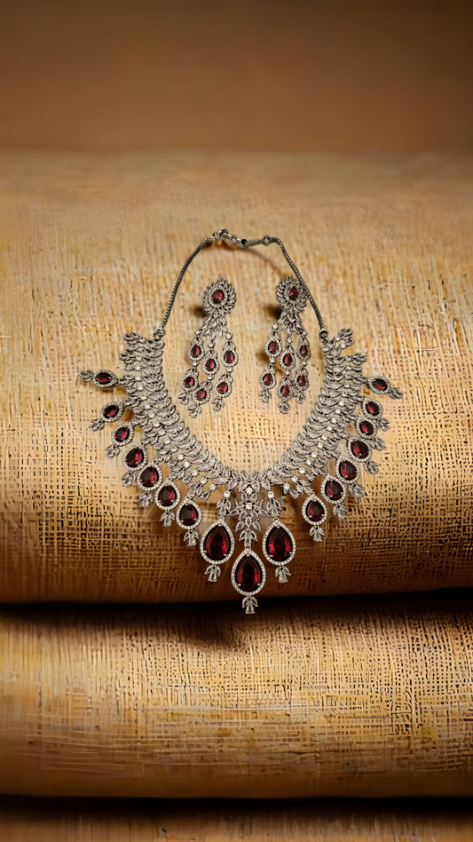 Ruby & AD Silver Plated Necklace Set – Elegant American Diamond Jewelry for Women