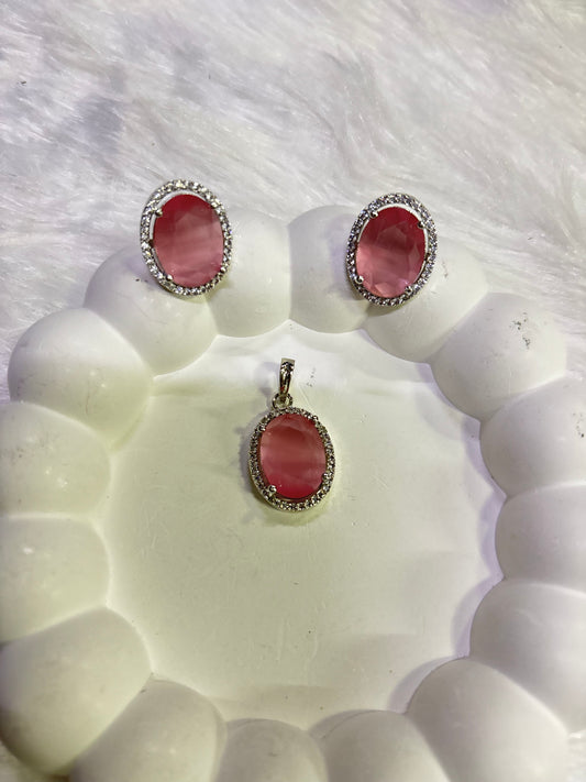 Pink Oval Stone Pendant Set with CZ Accents