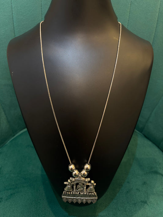 Oxidized Silver Temple Pendant Necklace – Traditional Long Chain Jewelry