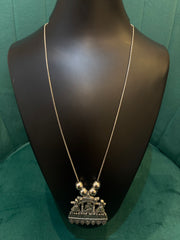 Oxidized Silver Temple Pendant Necklace – Traditional Long Chain Jewelry