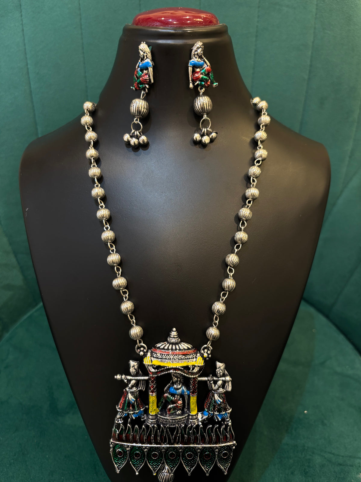 Oxidized Silver Multicolor Palanquin Design Necklace Set