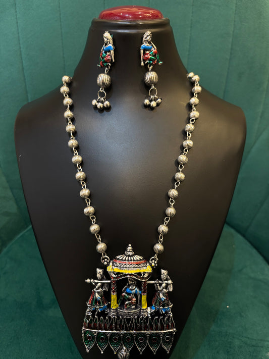 Oxidized Silver Multicolor Palanquin Design Necklace Set