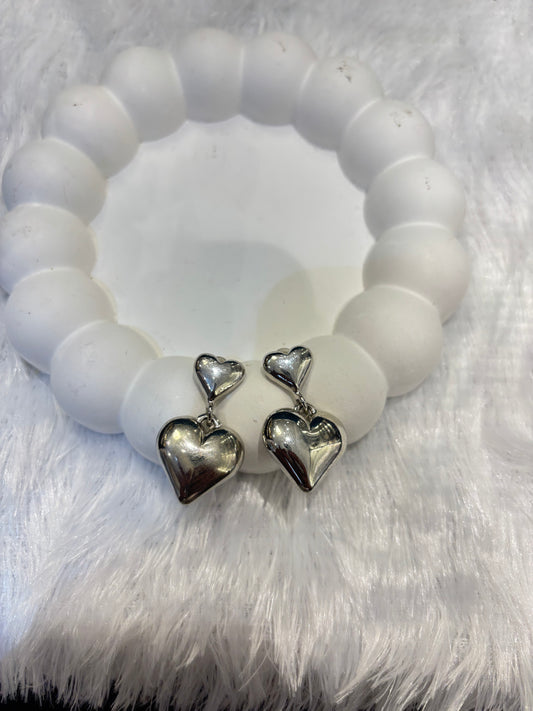 Silver-Toned Double Heart Drop Stud Earrings