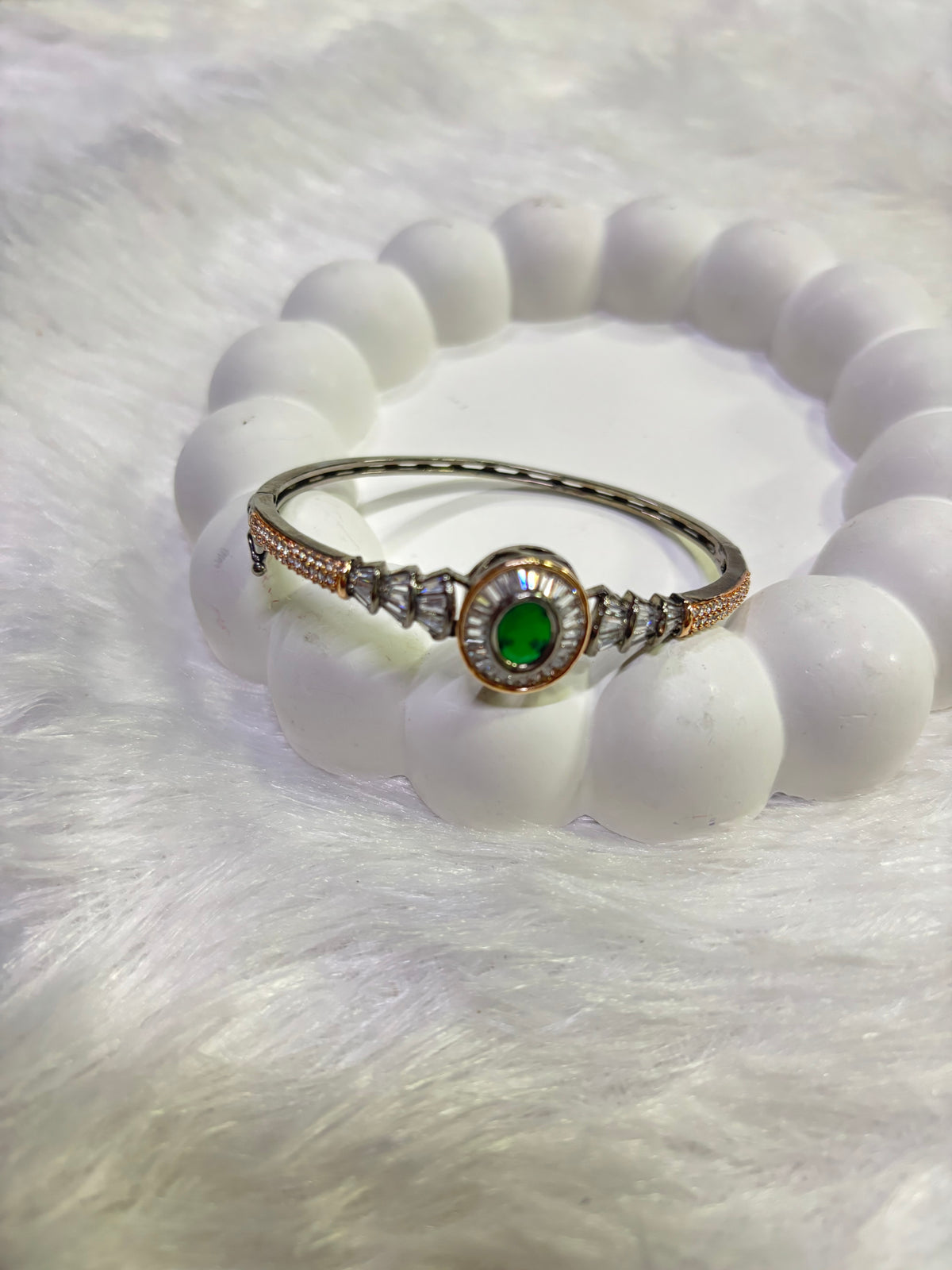 Silver Green Stone Kada – Designer Dual-Tone Bangle