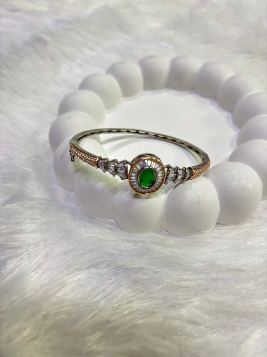 Silver Green Stone Kada – Designer Dual-Tone Bangle