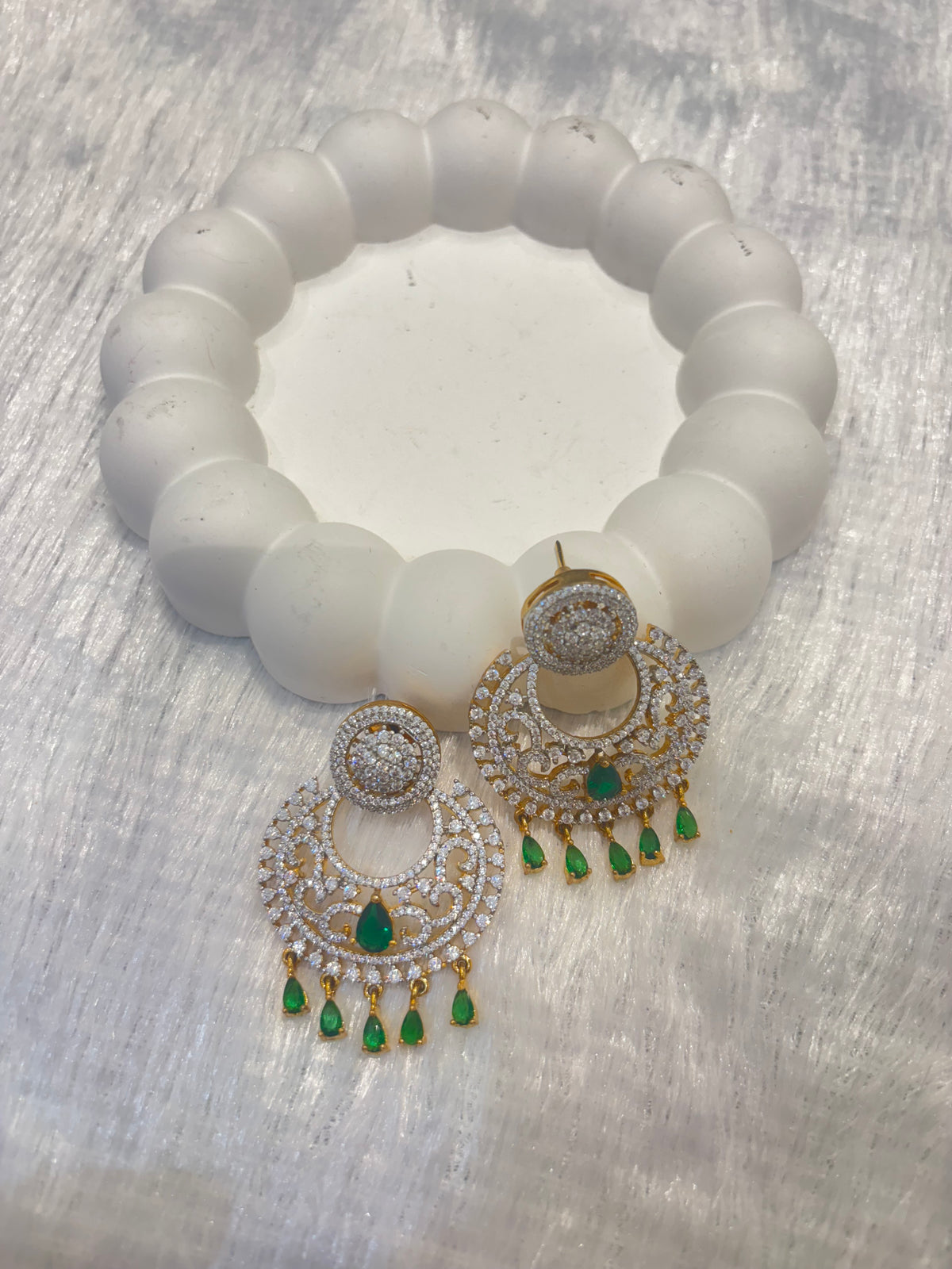 Emerald Green & CZ Crescent Chandelier Earrings