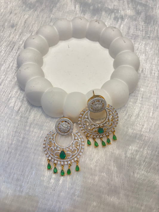 Emerald Green & CZ Crescent Chandelier Earrings