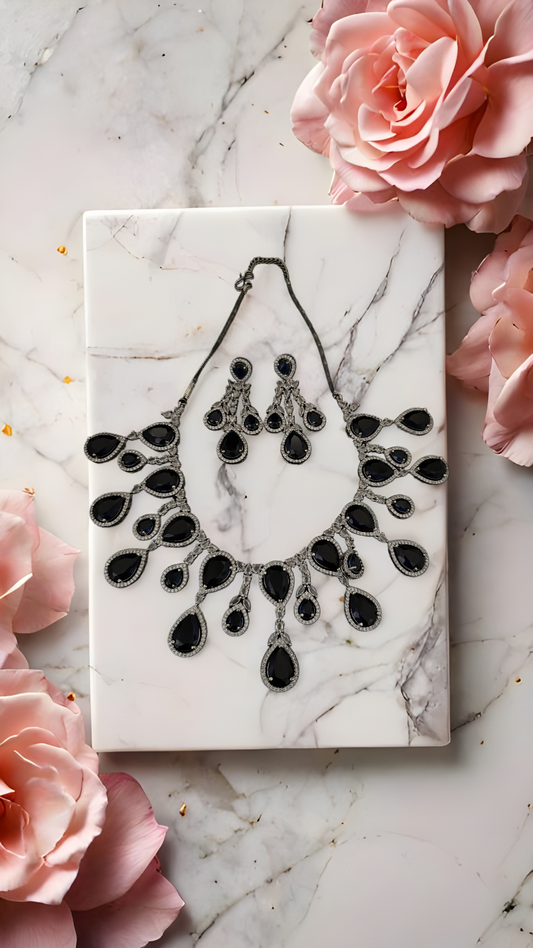 Heavy Blue Tear Drop AD Silver Plated Haar Set – Grand Bridal & Festive Necklace