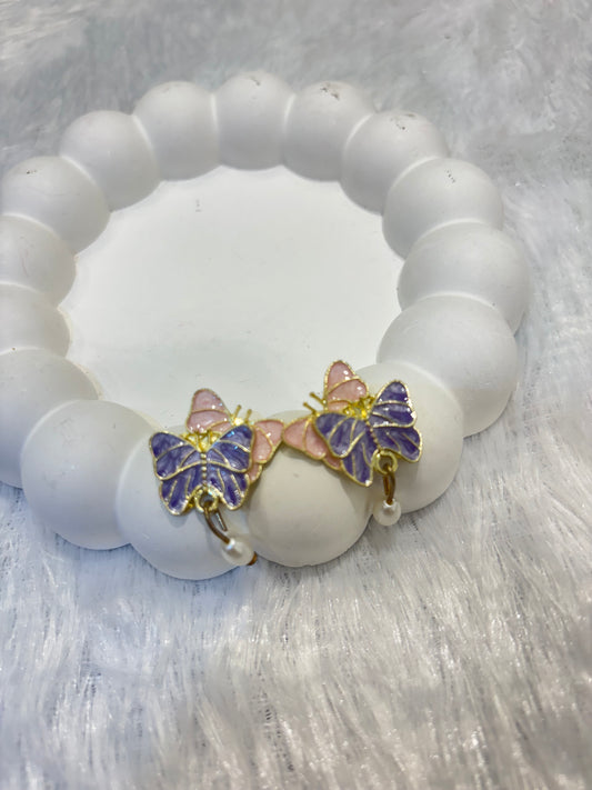Gold-Plated Pink & Purple Butterfly Stud Earrings with Pearl Drop