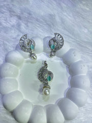 Elegant Pearl Drop CZ Stone Pendant Set – Multi-Color Variants