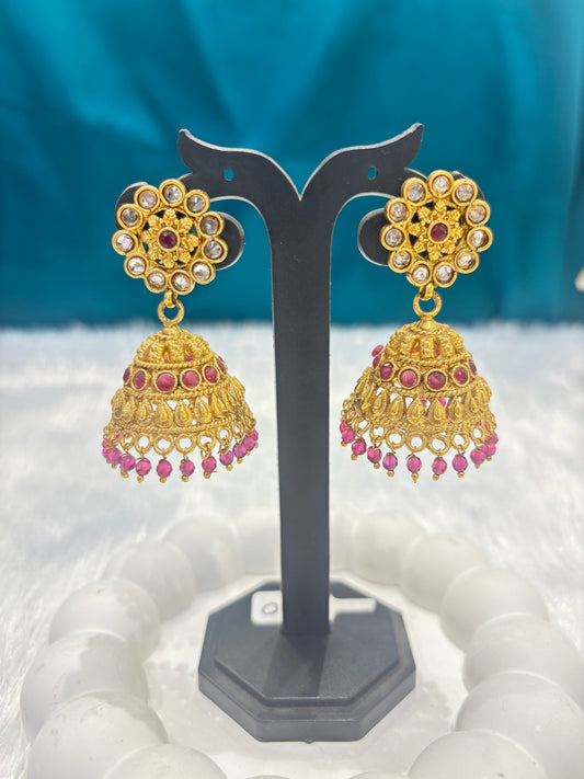 Gold Plated Ruby & Kundan Jhumka Earrings