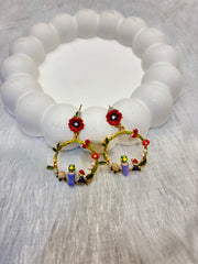 Hand-Painted Enamel Floral Hoop Earrings – Multicolor