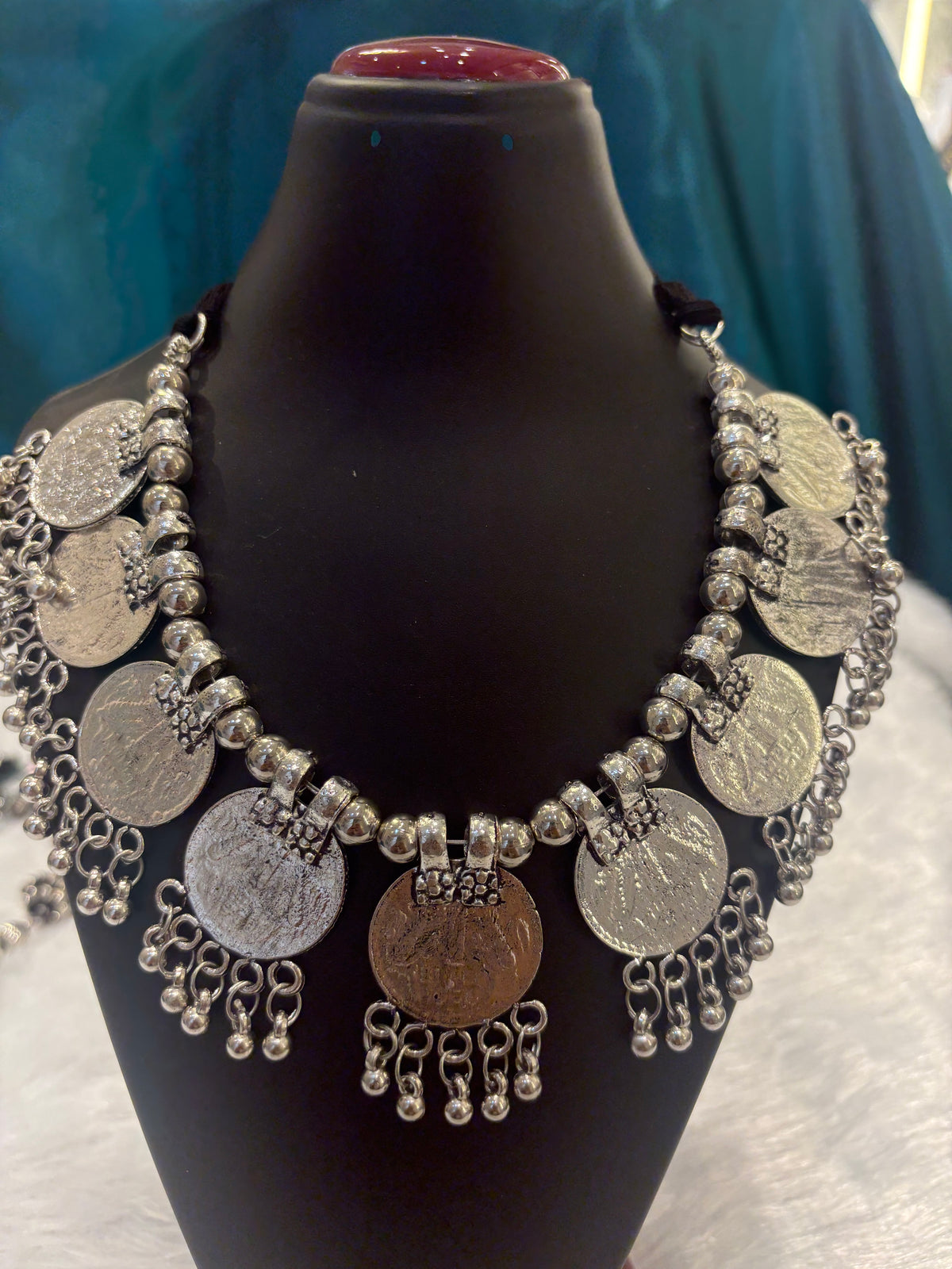 Coins Oxidized Silver Necklace Set with Earrings – Traditional Boho Jewelry