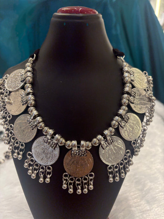 Coins Oxidized Silver Necklace Set with Earrings – Traditional Boho Jewelry