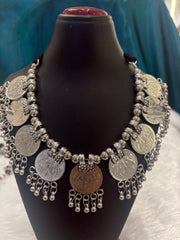 Coins Oxidized Silver Necklace Set with Earrings – Traditional Boho Jewelry