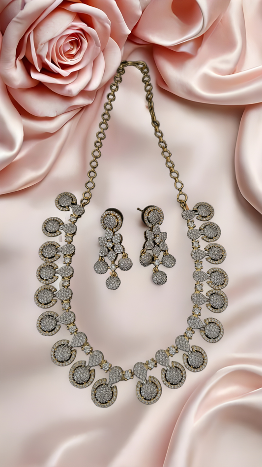 AD Silver Dangling Circle Necklace Set – Elegant American Diamond Jewelry with Hanging Motif