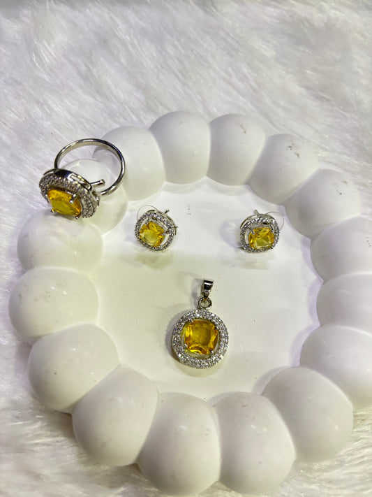 Yellow Gemstone Jewelry Set – Ring, Pendant & Earrings with CZ Accents