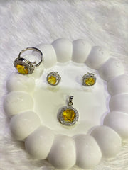 Yellow Gemstone Jewelry Set – Ring, Pendant & Earrings with CZ Accents