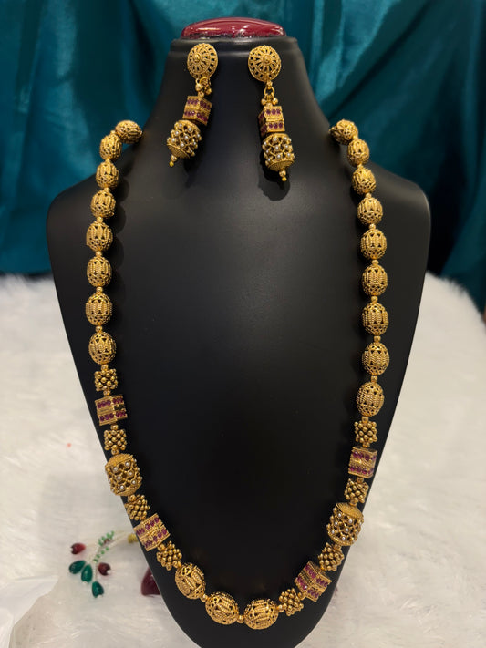 Long Gold Plated Maala with Red Square Detailing – Traditional Ethnic Jewelry Set