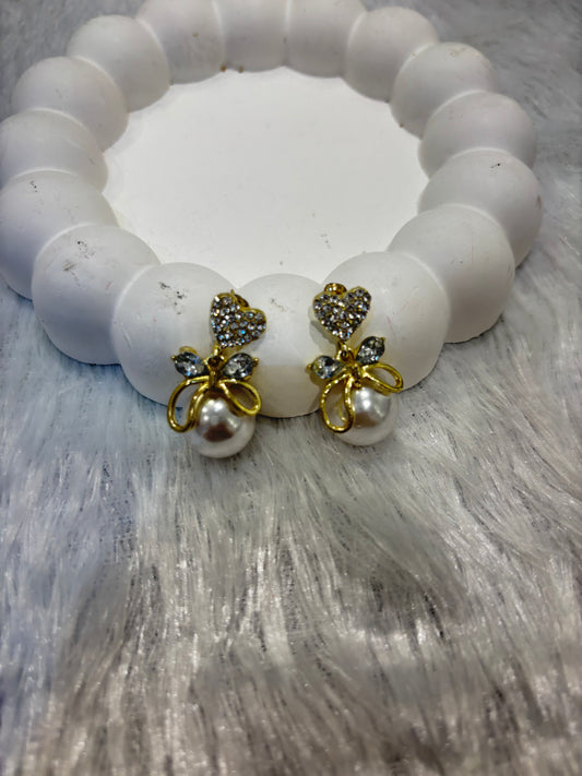 Gold Pearl Heart Stud Earrings