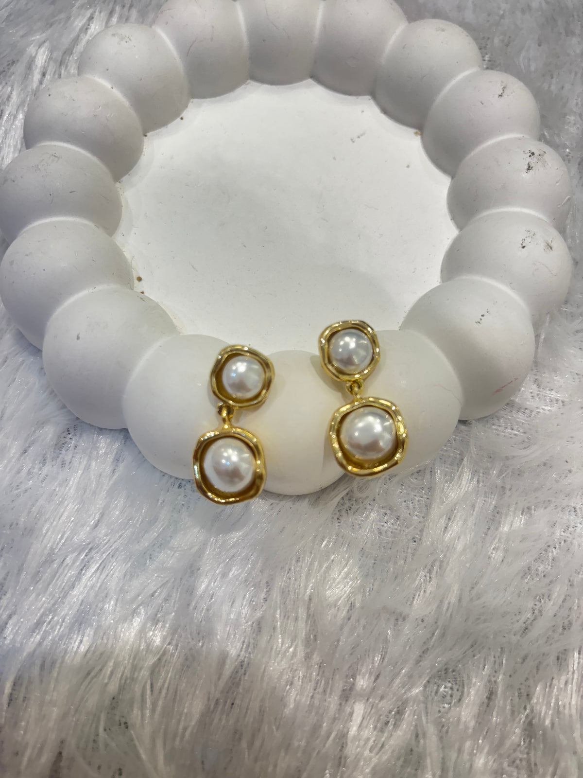 Double Pearl Drop Stud Earrings in Gold Finish
