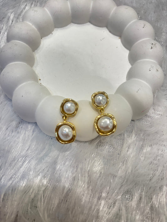 Double Pearl Drop Stud Earrings in Gold Finish