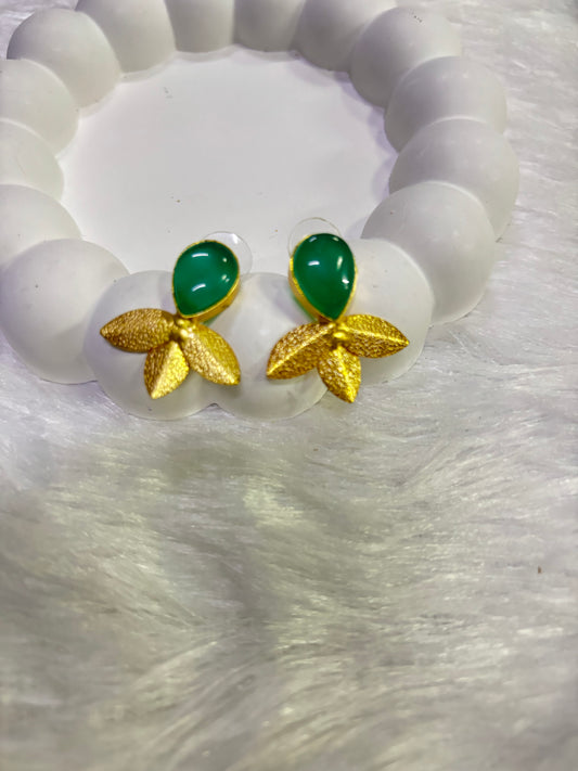 Golden Leaf Stone Stud Earrings – Multi Colors