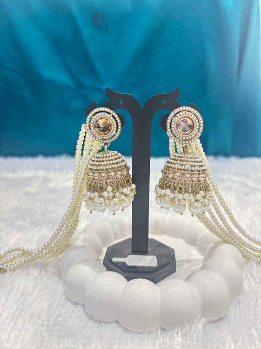 Bridal Pearl Layered Jhumka Earrings with Kundan Studs
