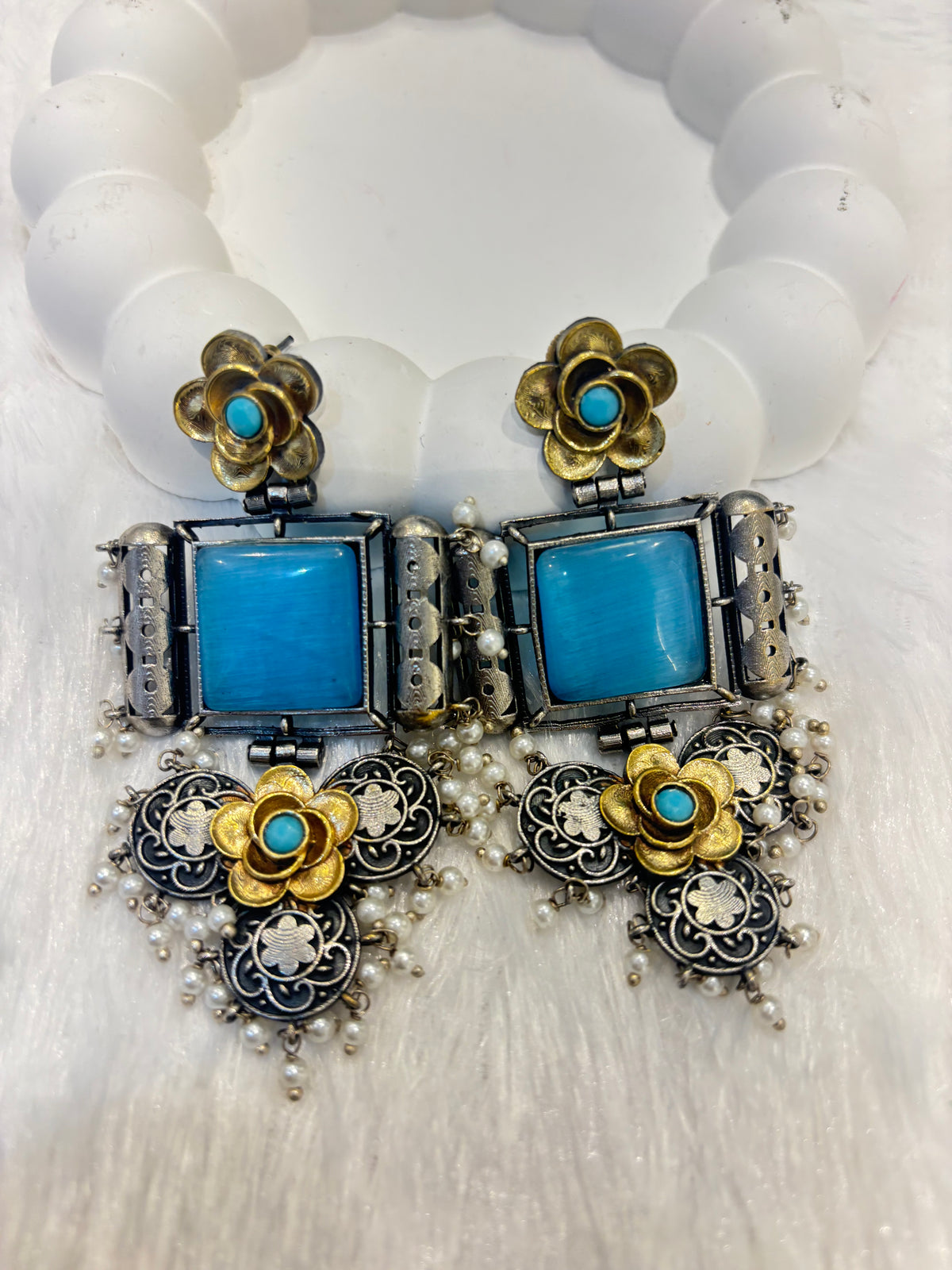 Long Flower Blue Stoned Oxidized Earrings