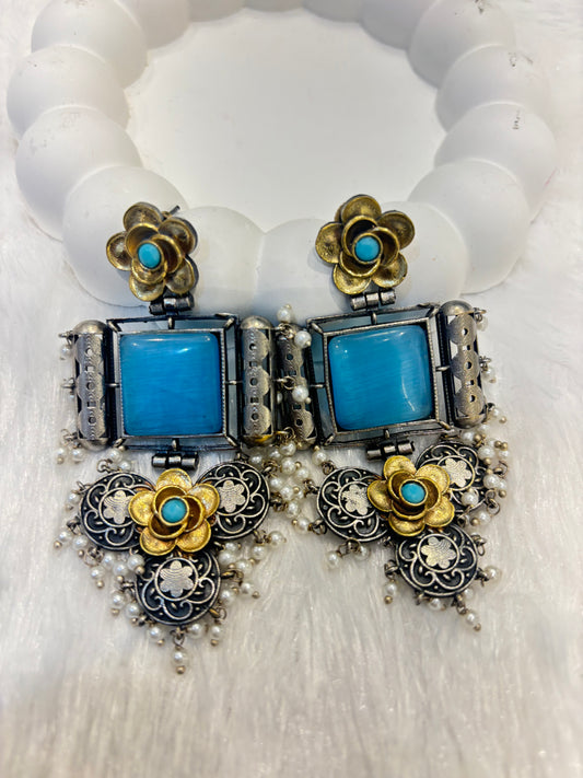 Long Flower Blue Stoned Oxidized Earrings