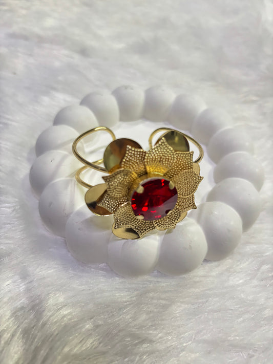 Gold Floral Kada – Statement Red Stone Designer Bangle