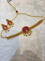 Gold Plated Pink Stone Temple Choker Set – Traditional South Indian Jewelry