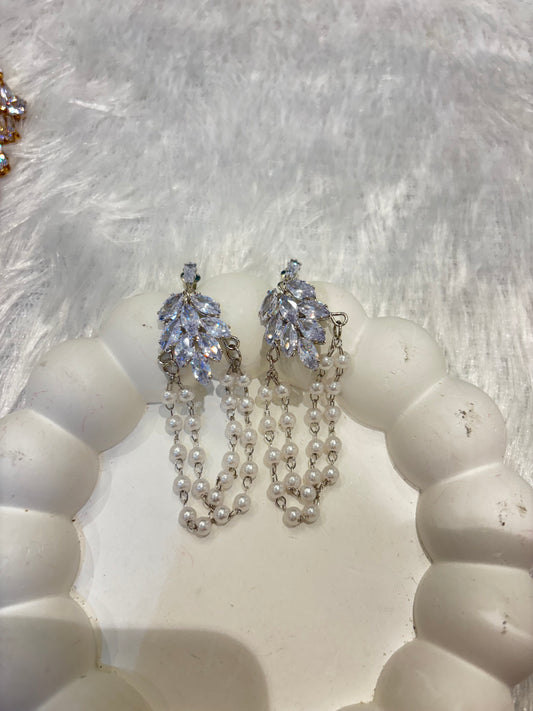 Crystal Leaf Pearl Chain Drop Earrings
