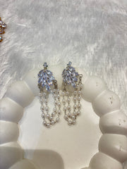 Crystal Leaf Pearl Chain Drop Earrings