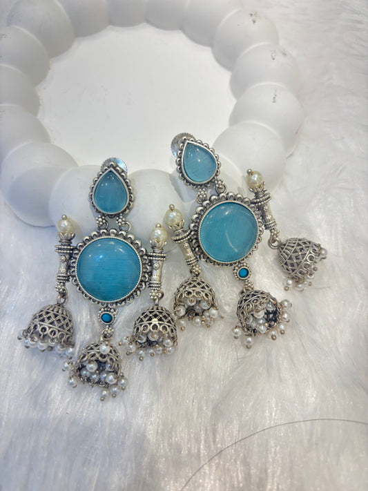 Long Oxidized Circular Stone Earrings