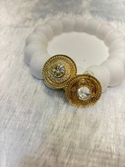 Gold Plated Round Stud Earrings with White Crystal