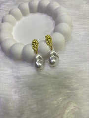 Organic Gold Textured Drop Earrings – Pearl & Stone Duo