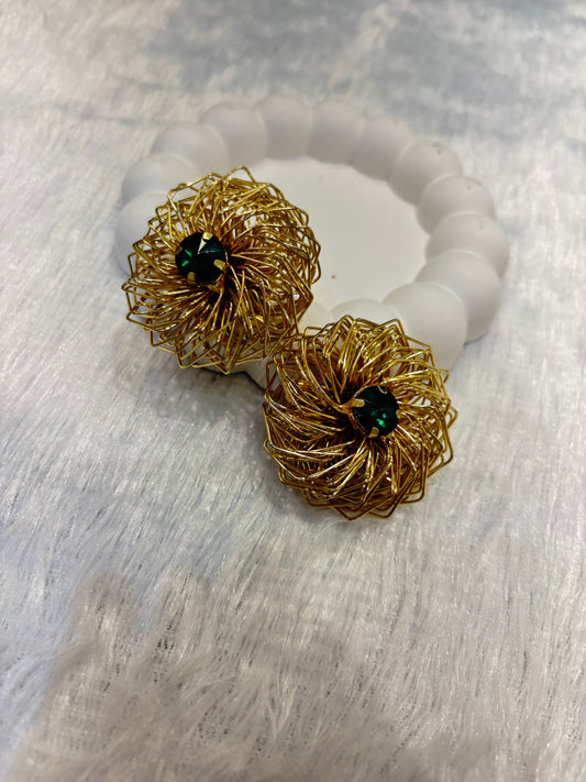 Gold Wire Floral Stud Earrings with Green Stone